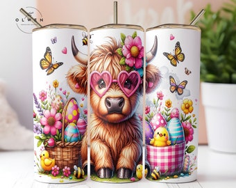 Highland Kuh Ostern Frühling Tumbler Wrap 20oz PNG, Highland Kuh Osterhasen 20 oz Skinny Tumbler Sublimation Design Digitaler Download PNG