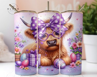 Highland Kuh Ostern Lila Tumbler Wrap 20 Unzen PNG, Highland Kuh Osterhasen 20 Unzen Skinny Tumbler Sublimation Design Digitaler Download PNG