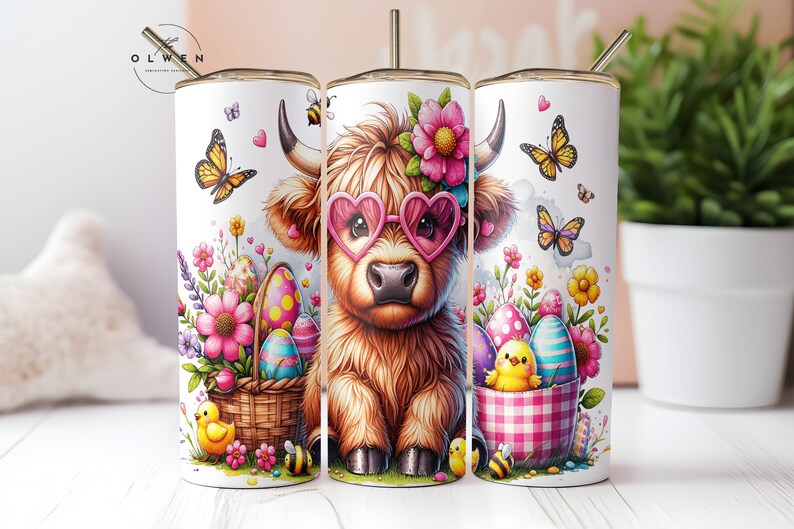 Highland Kuh Ostern Frühling Tumbler Wrap 20oz PNG, Highland Kuh Osterhasen 20 oz Skinny Tumbler Sublimation Design Digitaler Download PNG Bild 1