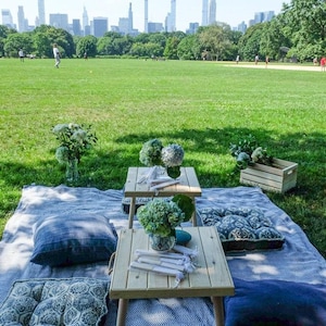 May include: A picnic setup on a grassy field with a city skyline in the background. The scene includes a blue and white blanket, small wooden tables, pillows, flowers in vases, and a wooden crate. The setup is designed for outdoor dining.