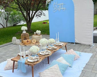 Mesa de picnic plegable estilo bohemio de 70 x 28 pulgadas. Mesa rústica de madera hecha a mano para camping, bodas, jardín o fiestas infantiles. Mesa baja portátil de madera de pino.