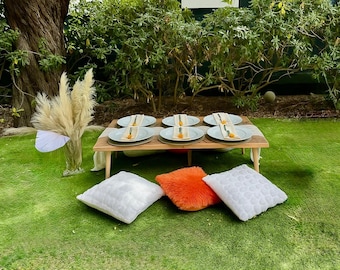 Mesa de picnic baja de madera de 48 x 24 pulgadas para 6 personas: mesa de comedor bohemia para exteriores, mesa rústica de suelo para fiestas, bodas y eventos.
