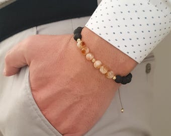 Bracelet en macramé de perles en or massif 14 carats avec citrine et lave, bijoux énergétiques, bijoux réglables du zodiaque Gémeaux en perles, bracelet pour homme Gémeaux,