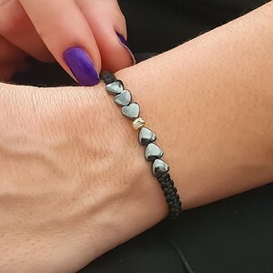 Heart Hematite Bracelet: 14k Gold Bead, Adjustable Macrame Cord