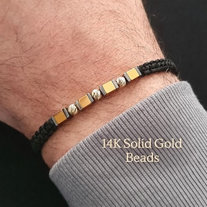 Men's Hematite Cube Bracelet With 14k Solid Gold Beads, Adjustable Macrame