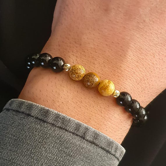 Natural Wood Jasper and Shiny Obsidian Men's Bracelet, 14K Gold