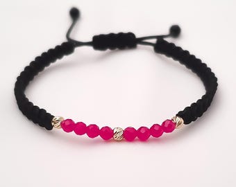 Ruby & 14k Solid Gold Beads Bracelet: Adjustable Black Cord Boho Jewelry