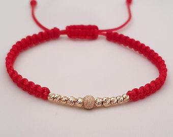 14k Solid Gold Bead Red Cord Bracelet, Luck & Protection
