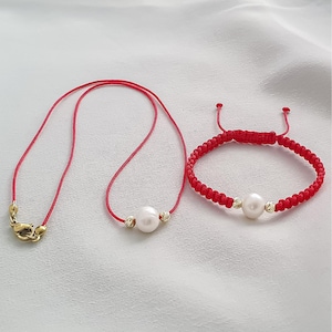 Kabbalah Red String Bracelet Pearl Necklace Set: 14K Gold Protection Jewelry