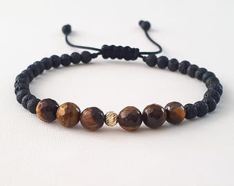 Pulsera de ojo de tigre para hombre: cuentas de oro de 14k y piedras de lava