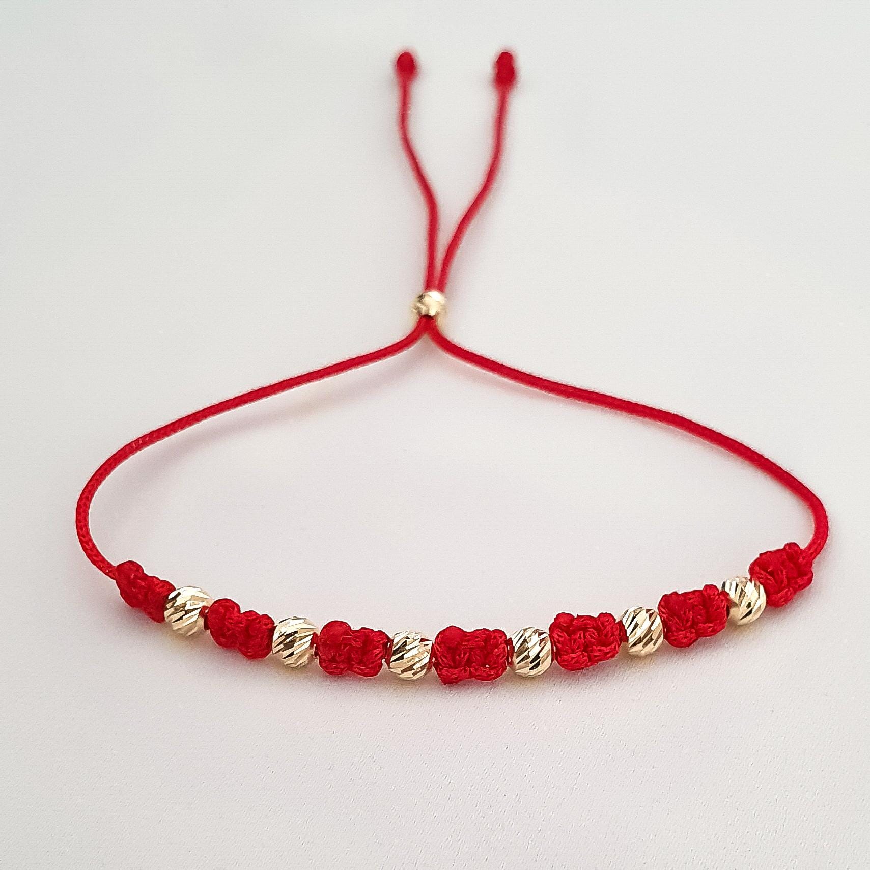 14k Solid Gold Beaded Red String 7 Knot Protection Bracelet - Etsy