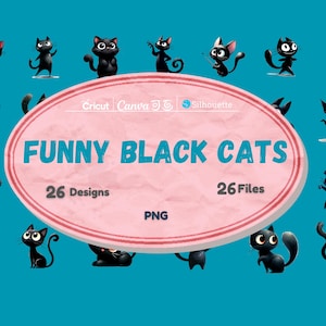 Funny Black Cats Clipart Bundle | Cute Black Cat PNG | Watercolor Cats Sublimation