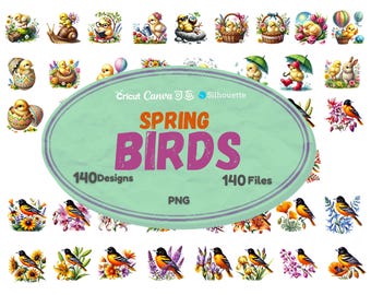 Paquete de imágenes prediseñadas de aves florales: Gráficos primaverales en acuarela (descarga digital)