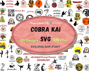 May include: A digital download of 131 Cobra Kai SVG designs, including logos, characters, and phrases. The designs are perfect for creating crafts, decals, and other projects. The text on the image reads "Cobra Kai 131 Designs SVG 395 Files SVG-PNG-DXF-FONT".