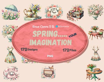 Spring Your Imagination | Hello Spring Clipart PNG Collection | Watercolor Boho Retro Vintage Cottagecore Graphics