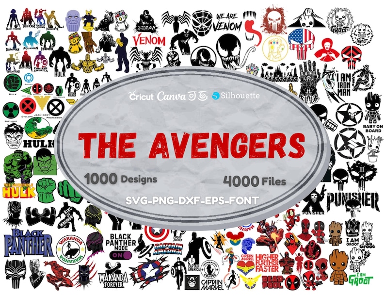May include: A collage of 1000 designs and 4000 files featuring various Marvel characters, including Hulk, Black Panther, Captain Marvel, Deadpool, and Groot. The text "The Avengers" is displayed in red letters on a gray oval background.