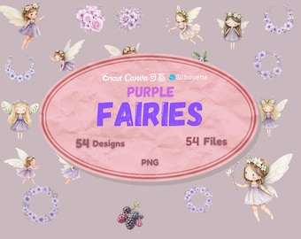 May include: Purple fairies with wings and floral wreaths, a digital download for Cricut, Canva, and Silhouette. 54 designs and 54 files in PNG format.