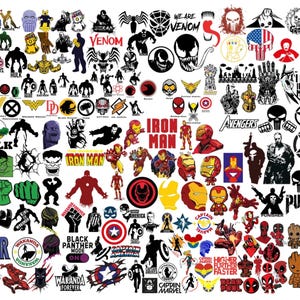 May include: A colorful collection of iron-on transfers featuring various superhero characters, including Hulk, Iron Man, Captain America, Black Panther, and Venom. The transfers are perfect for customizing clothing, bags, and other items.