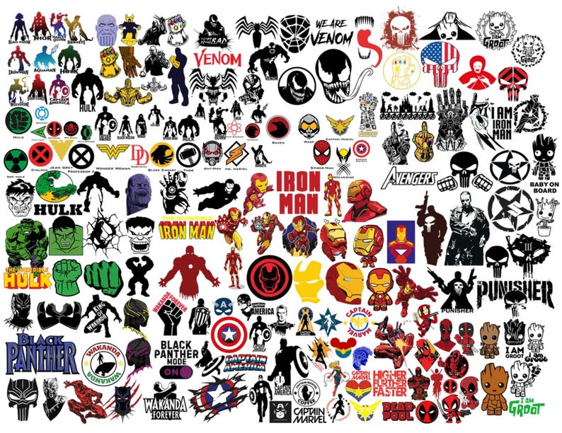 May include: A colorful collection of iron-on transfers featuring various superhero characters, including Hulk, Iron Man, Captain America, Black Panther, and Venom. The transfers are perfect for customizing clothing, bags, and other items.