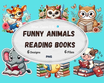 6 PNG Watercolor Booklover Animals Clipart Bundle – Whimsical Reading Animals for Your Creative Projects!