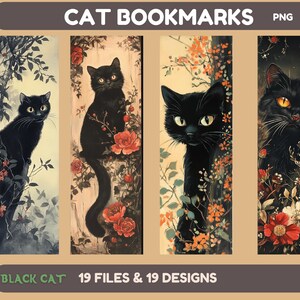 Könnte beinhalten: Vier vertikale Katzen-Lesezeichen mit schwarzen Katzen und floralen Designs. Die Lesezeichen enthalten den Text "CAT BOOKMARKS PNG", "Silhouette", "Canva", "Cricut", "BLACK CAT 19 FILES & 19 DESIGNS".