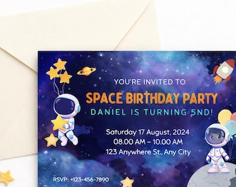 Editable Space Birthday Invitation Canva Template Astronaut Kids Birthday Invite Space Theme Digital Download