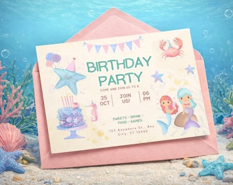 Editable Mermaid Birthday Invitation Canva Template | Under the Sea Party Invitation | Mermaid Birthday Party