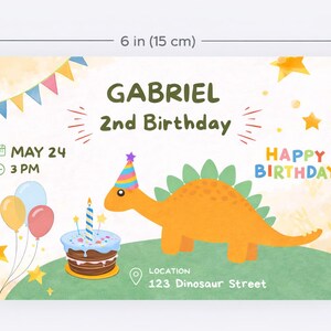 May include: A 6-inch by 4-inch birthday invitation featuring a cartoon dinosaur wearing a party hat. The invitation includes the name "GABRIEL", the date "MAY 24", and the time "3 PM". The words "Happy Birthday" are also displayed.