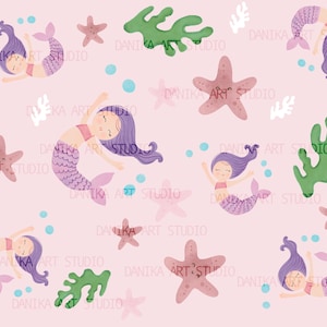 Pode incluir: Um padrão caprichoso com sereias de cabelo roxo e caudas lavanda, nadando entre estrelas do mar e algas verdes. As sereias usam tops rosa e estão sobre um fundo rosa suave. Bolhas azuis completam a cena subaquática.