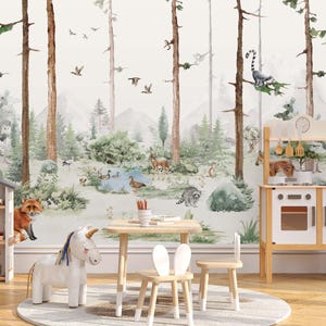 Papier peint aquarelle forêt pour enfants, papier peint autocollant, décoration murale pour chambre d'enfants arbres, décoration murale pour chambre d'enfants traditionnel