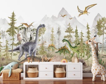 Dinosaur Wallpaper, Kids Dinosaur Wall Mural, Kids Room Wallpaper, Dinosaur Wall Decor,  Jurassic Dino Wall Mural Peel and Stick Wallpaper