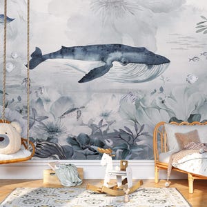 Whale Kids Wallpaper, Ocean Wall Mural ,Peel and Stick Nursery Wall Mural, Child Room Removable Wallpaper