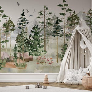 Carta da parati murale staccabile e adesiva Woodland, carta da parati murale Mountain Forest, carta da parati rimovibile Tree Kids Nursery, carta da parati Forest