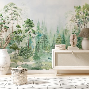 Kids Peel and Stick Wall Mural - Rainforest Tree Kids Nursery Removable Decal - Self Adhesive Green Forest Wallpaper