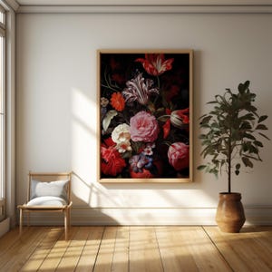 Wildflowers Wall Art, Wintage Flowers Boho Poster Canvas Print, Dark Neurtal Floral Large Wall Art Print, Minimalist Floral