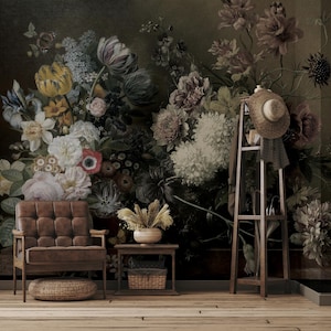 Floral Jungle Exotic Wallpaper | Peel and Stick | Dark Floral Wall Mural  |Removable Wallpaper | Flowers Jungle Rainforest Wall Decor