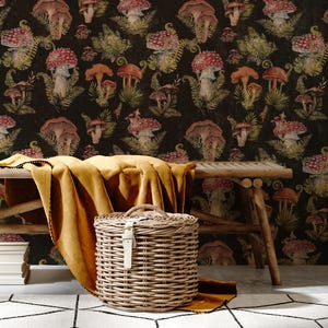 Papier peint champignon, papier peint vintage, champignon foncé, forêt, papier peint traditionnel amovible, papier peint peel and stick, papier peint en vinyle