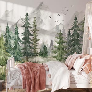 Forest Kids Wallpaper Peel and Stick ,Mountain Forest Wall Mural, Trees, Children Room Wall Mural, Nursery Wall Mural