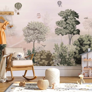 Papier peint aquarelle forêt pour enfants, arbre avec pellicules autocollantes, décoration murale pour chambre d'enfants