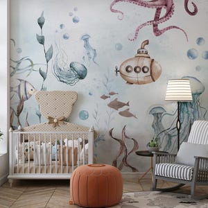 Carta da parati per bambini con sottomarini, murale con vita marina, murale con sbucciatura e attacco per bambini, mondo sottomarino rimovibile per la stanza dei bambini