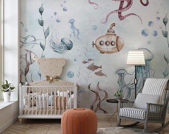 Submarine Kids Wallpaper, Sea Life Wall Mural ,Peel and Stick Nursery Wall Mural, Child Room Removable Underwater World
