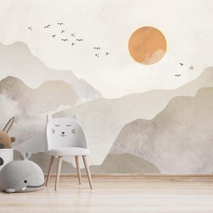Carta da parati per bambini Montagne, carta da parati Sun House, carta da parati murale per bambini, carta da parati rimovibile per la stanza dei bambini