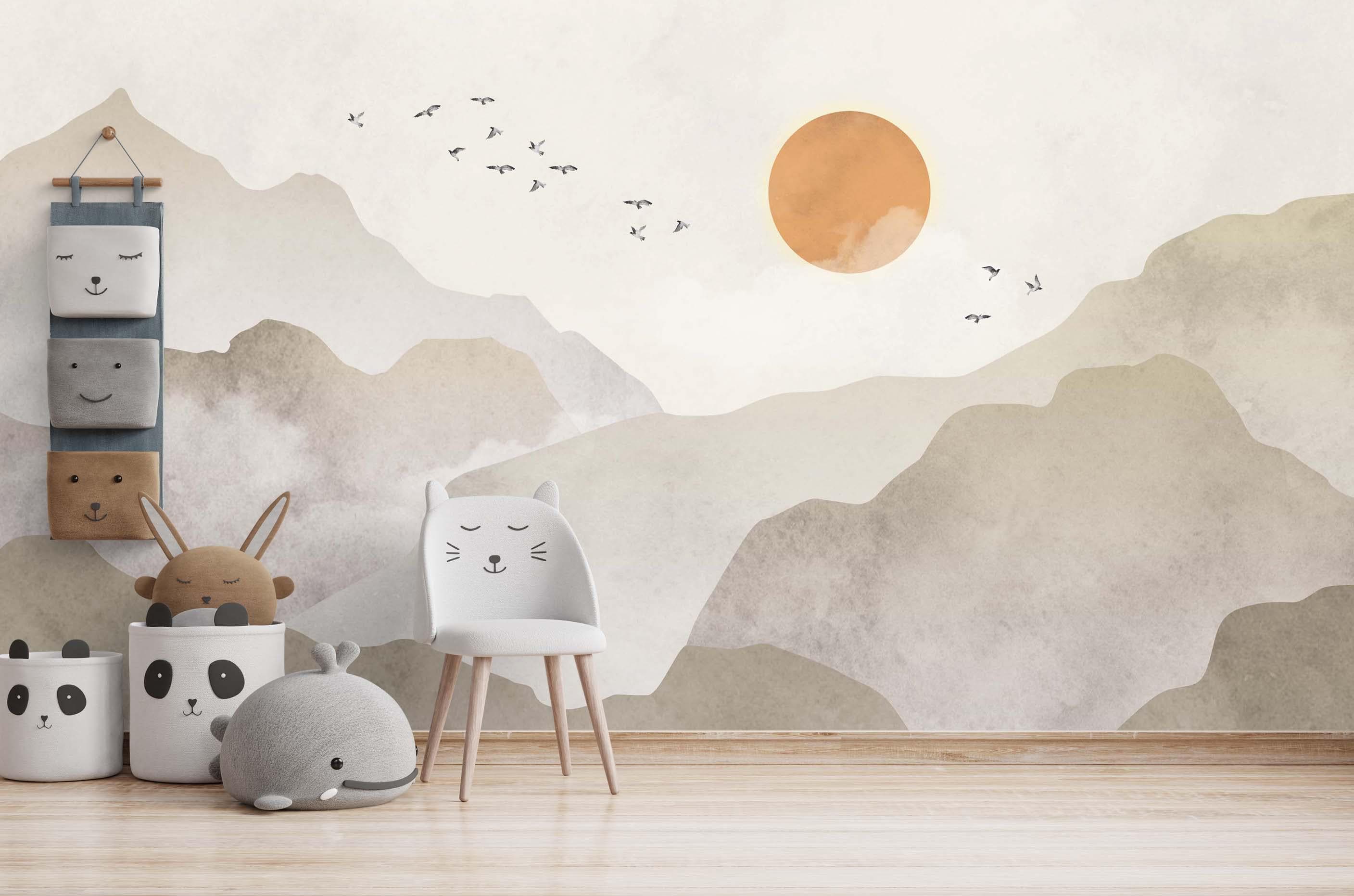 Mountains Kids Wallpaper, Sun House Wallpaper,Peel and Stick Nursery Wall Mural, Child Room Removable Wallpaper