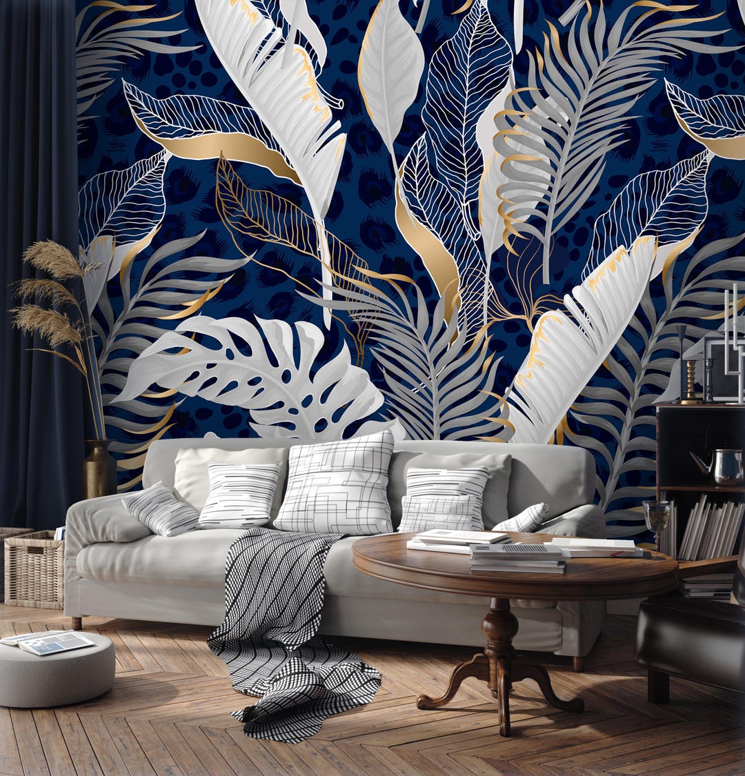 Tropical Leaf Wallpaper Peel and Stick | Blue White Banana Leaf Wall ...