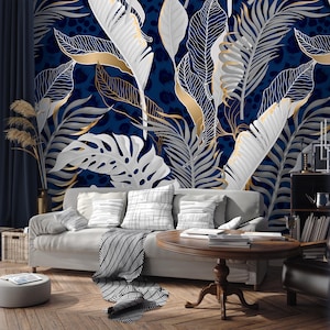Tropical Leaf Wallpaper Peel and Stick | Blue White Banana Leaf Wall Mural | Nature Walpaper