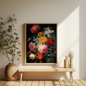 Dark Floral Canvas Wall Art, Wintage Flowers Boho Canvas Print, Wildflowers Wall Decor, Framed Large Wall Art Print, Minimalist Floral