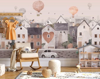 City Kids Wallpaper, Cute City House Wallpaper,Peel and Stick Nursery Wall Mural, Child Room Removable Wallpaper
