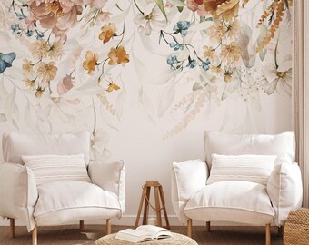 Floral Wallpaper Peel and Stick, Removable Wallpaper, Watercolor Wild Floral Wallpaper-Floral Wall Mural