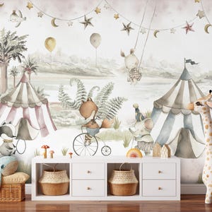 Circus Kids Peel and Stick Boys Girls Room Mural Wallpaper - Beige Wallpaper - Circus Balloons Animals Baby Self Adhesive Nursery Neutral