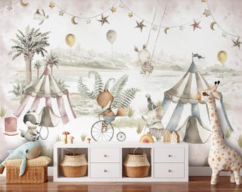 Circus Kids Peel and Stick Boys Girls Room Mural Wallpaper - Beige Wallpaper - Circus Balloons Animals Baby Self Adhesive Nursery Neutral